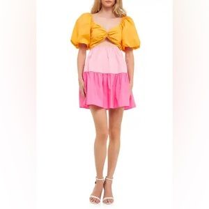 English Factory NWT Colorblock Front Twist Cutout Puff Sleeve A-Line Dress